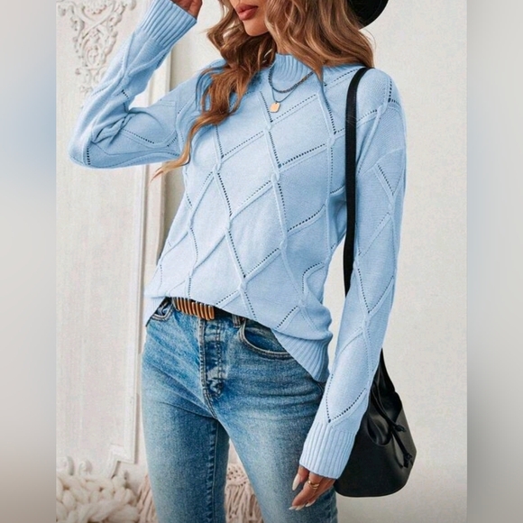 New Pointelle Cable Knit Sweater Top Long Sleeve Light Blue - Picture 4 of 10